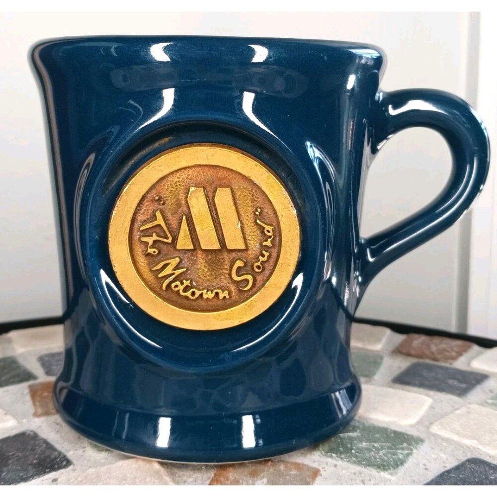 Vintage The Motown Sound Blue Ceramic Coffee Mug Metal Emblem